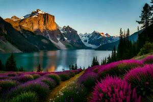 a flores estão florescendo dentro a montanhas. gerado por IA foto