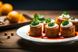 uma prato do Comida com alguns Comida em isto. gerado por IA foto