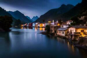 foto papel de parede a céu, montanhas, rio, China, a noite, a Vila, o. gerado por IA