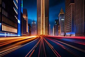 uma cidade rua às noite com luz trilhas. gerado por IA foto