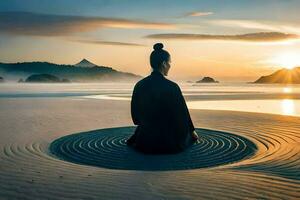 uma mulher meditando em a de praia às pôr do sol. gerado por IA foto