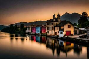 uma rio com casas em isto às pôr do sol. gerado por IA foto