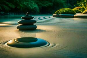 uma zen jardim dentro a meio do uma rio. gerado por IA foto