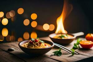 espaguete com tomate molho e legumes em uma de madeira mesa. gerado por IA foto