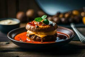 uma hamburguer com queijo e molho em uma placa. gerado por IA foto