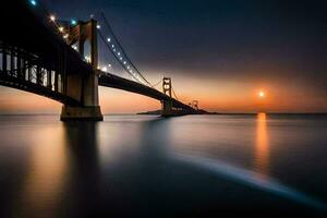 a dourado portão ponte às pôr do sol. gerado por IA foto