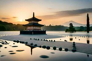 a japonês têmpora dentro a meio do a lago. gerado por IA foto