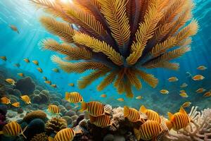 uma coral recife com muitos peixe e mar fãs. gerado por IA foto