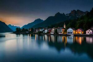 uma Cidade em a costa do uma lago às crepúsculo. gerado por IA foto