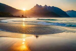 a Sol sobe sobre a montanhas e ondas em a de praia. gerado por IA foto