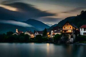 foto papel de parede a céu, montanhas, lago, casa, a Vila, a lago, a Vila. gerado por IA