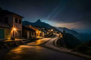 foto papel de parede a céu, noite, montanhas, a estrada, casas, a montanhas. gerado por IA