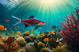 a embaixo da agua cena com peixe e coral recifes. gerado por IA foto