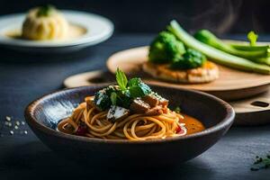 uma tigela do espaguete com carne e legumes. gerado por IA foto