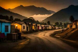 uma rua forrado com casas dentro a montanhas. gerado por IA foto