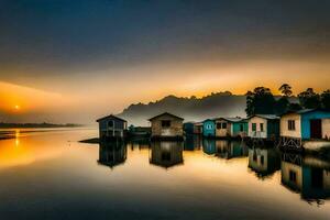 uma lindo nascer do sol sobre uma lago com casas em a costa. gerado por IA foto