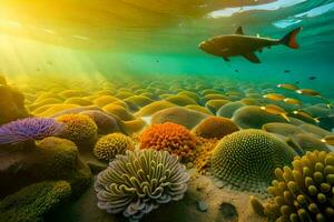uma peixe nada sobre uma coral recife com colorida peixe. gerado por IA foto