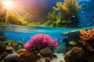 embaixo da agua cena com coral recife e tropical peixe. gerado por IA foto