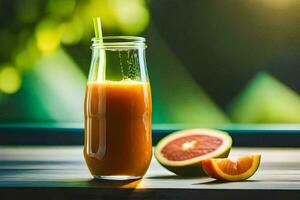 uma vidro do laranja suco com uma Palha e uma fatia do toranja. gerado por IA foto