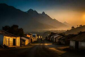 a Sol conjuntos sobre uma Vila dentro a montanhas. gerado por IA foto