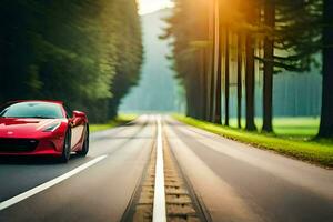 uma vermelho Esportes carro dirigindo baixa uma estrada dentro a madeiras. gerado por IA foto
