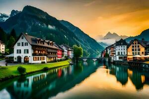 a lindo Cidade do Hallstatt, Suíça. gerado por IA foto