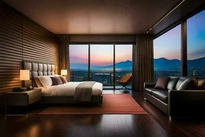 uma quarto com uma Visão do a montanhas às pôr do sol. gerado por IA foto