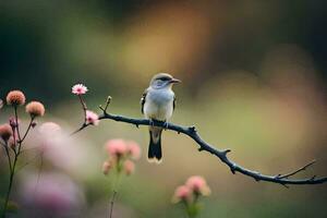 uma pássaro senta em uma ramo dentro frente do Rosa flores gerado por IA foto