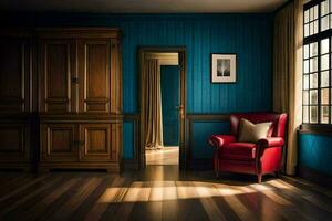 uma quarto com azul paredes e uma vermelho cadeira. gerado por IA foto