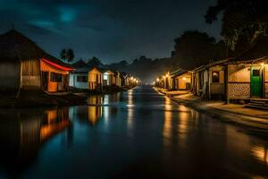 uma rio às noite com casas e uma claro. gerado por IA foto