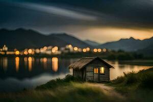 uma pequeno cabana senta em a lado do uma lago às crepúsculo. gerado por IA foto