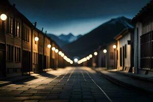 uma rua com luzes em a edifícios às noite. gerado por IA foto