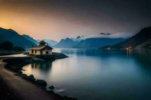 uma pequeno casa senta em a costa do uma lago. gerado por IA foto