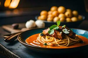 espaguete com carne e tomate molho dentro uma azul placa. gerado por IA foto