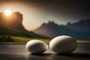 dois ovos em uma mesa com montanhas dentro a fundo. gerado por IA foto