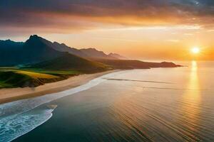 a Sol conjuntos sobre uma de praia e montanhas. gerado por IA foto