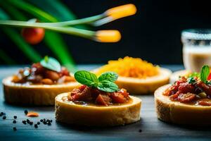 pequeno pães com diferente tipos do Comida em eles. gerado por IA foto