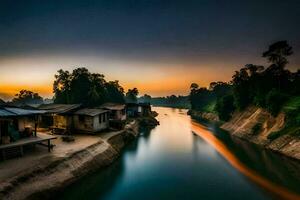 uma rio às pôr do sol com casas e árvores gerado por IA foto