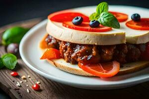 uma sanduíche com carne, tomates e queijo. gerado por IA foto