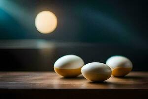 três ovos em uma de madeira mesa com uma luz atrás eles. gerado por IA foto