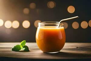 uma vidro do laranja suco com uma Palha em uma de madeira mesa. gerado por IA foto