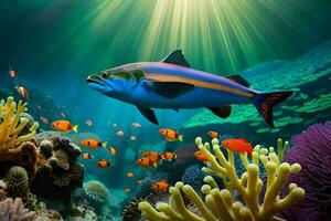 peixe natação dentro a oceano com coral recifes e peixe. gerado por IA foto