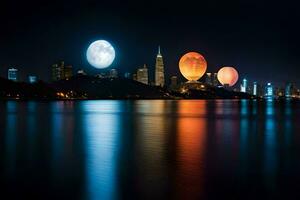 a lua é refletido dentro a água Como isto sobe sobre a cidade. gerado por IA foto