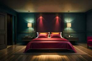 uma quarto com Sombrio madeira pavimentos e uma vermelho cama. gerado por IA foto