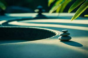 uma zen jardim com pedras e uma samambaia. gerado por IA foto
