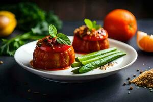 dois pequeno recheado tomates em uma prato com espargos. gerado por IA foto