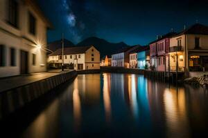 uma canal dentro a meio do uma Cidade às noite. gerado por IA foto