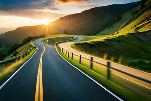 uma enrolamento estrada dentro a montanhas com a Sol contexto. gerado por IA foto