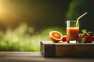 uma vidro do suco com morangos e laranjas em uma de madeira mesa. gerado por IA foto