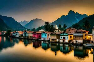 colorida casas em a bancos do uma rio. gerado por IA foto